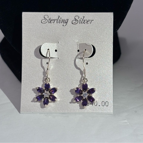 Sterling Silver Cubic Zirconia & Amethyst Flower Pierced Earrings NWT - Picture 1 of 7